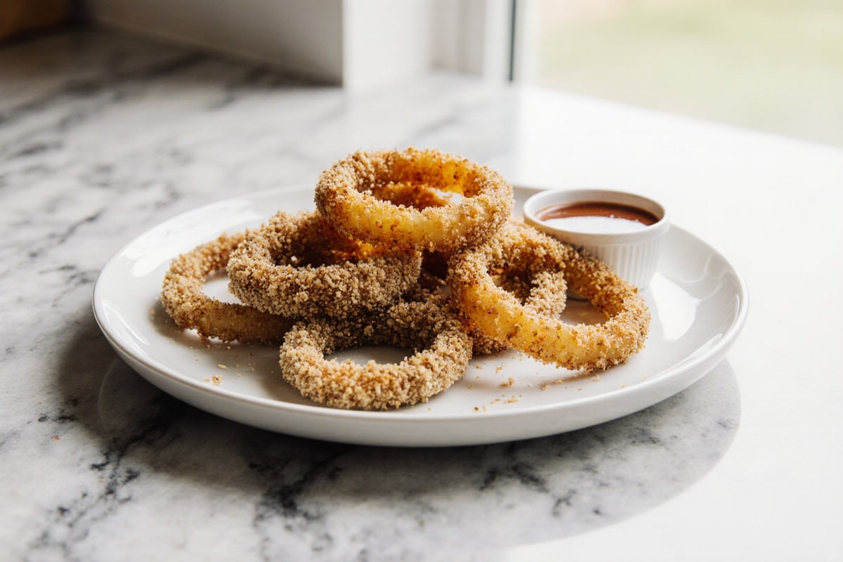 Knusprige Zwiebelringe aus der Heißluftfritteuse mit Panko Rezept 1 Knusprige Zwiebelringe aus der Heißluftfritteuse mit Panko