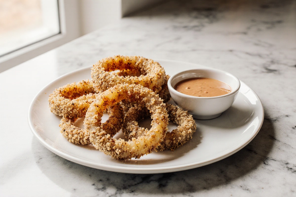Knusprige Zwiebelringe aus der Heißluftfritteuse mit Panko Rezept 2 Knusprige Zwiebelringe aus der Heißluftfritteuse mit Panko