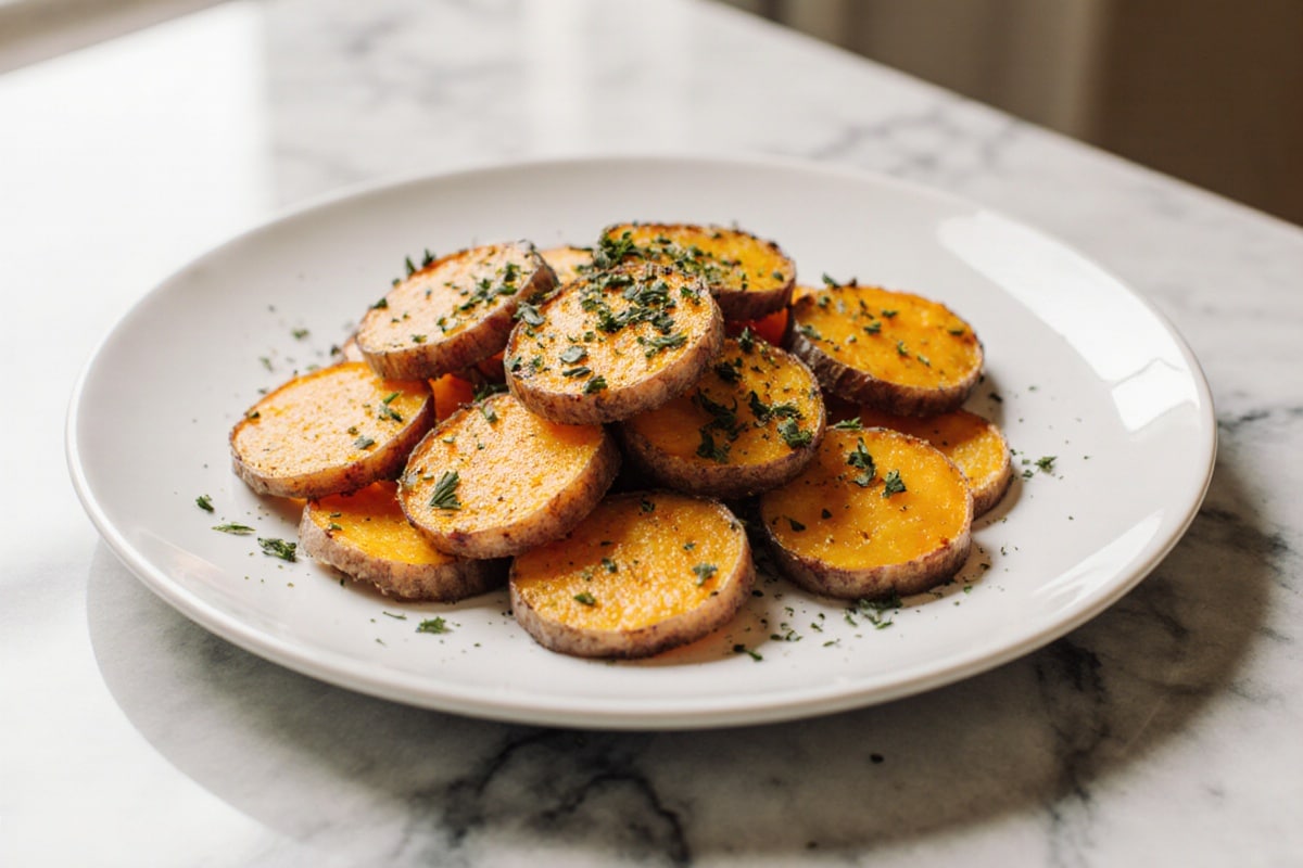 Knusprige Süßkartoffelscheiben aus der Heißluftfritteuse Rezept 2 knusprige Süßkartoffelscheiben aus der Heißluftfritteuse