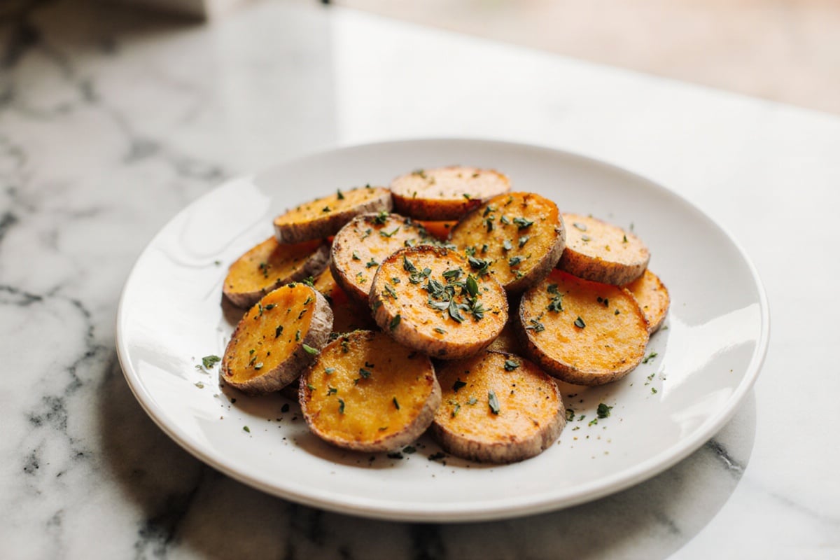 Knusprige Süßkartoffelscheiben aus der Heißluftfritteuse Rezept 1 knusprige Süßkartoffelscheiben aus der Heißluftfritteuse